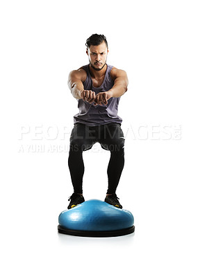 Buy stock photo Studio, fitness and portrait of man with equipment for balance training, stability and workout. Cardio, exercise and person with bosu ball for endurance, strength and agility on white background
