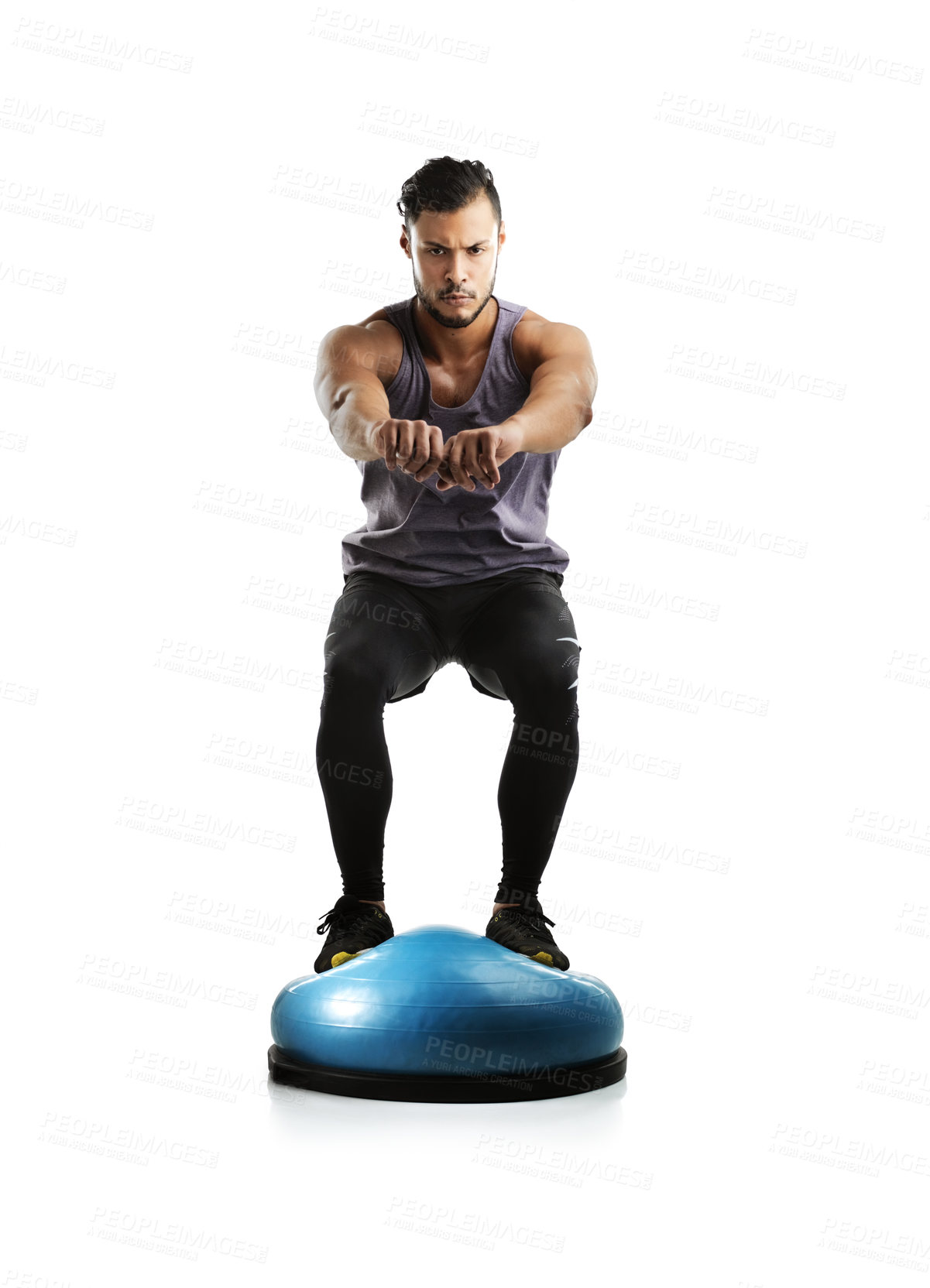 Buy stock photo Studio, fitness and portrait of man with equipment for balance training, stability and workout. Cardio, exercise and person with bosu ball for endurance, strength and agility on white background