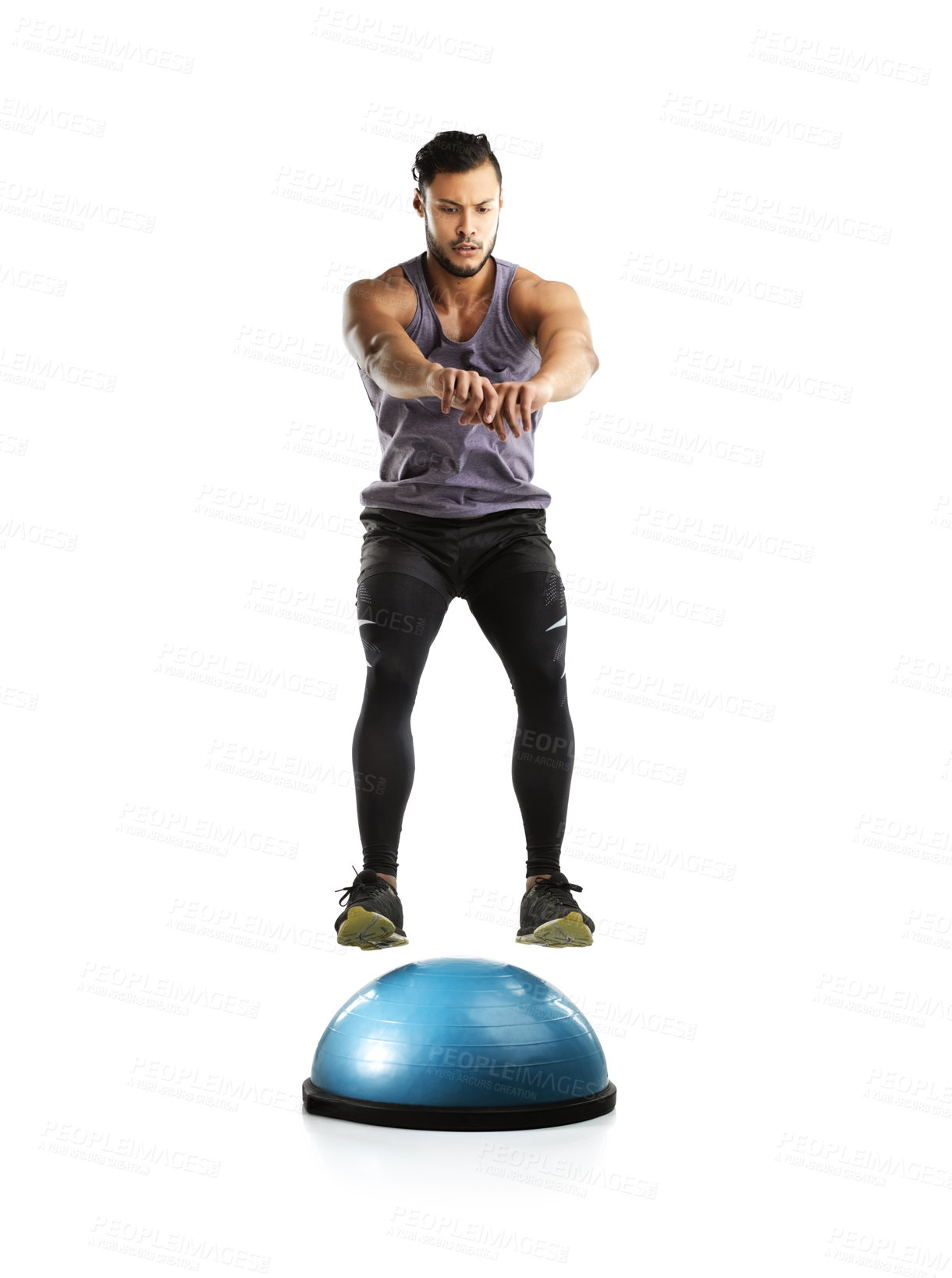 Buy stock photo Studio, fitness and man with jump on equipment for balance exercise, endurance and workout. Cardio, training and person with bosu ball for stability, strength and agility on white background