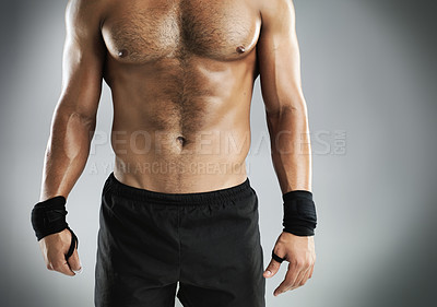 Buy stock photo Man, studio and torso for boxer, fitness and prepare for workout or fight training. Athlete, body and muscle for power, exercise and sport for boxing health and wellness isolated on grey background