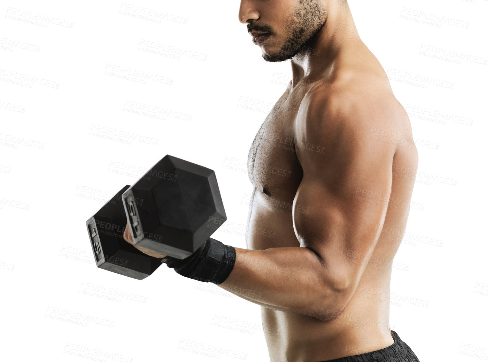 Buy stock photo Muscles, dumbbell and man in studio for workout with arm strength for fitness training. Sports, athlete and male body builder with exercise equipment for weightlifting isolated by white background.