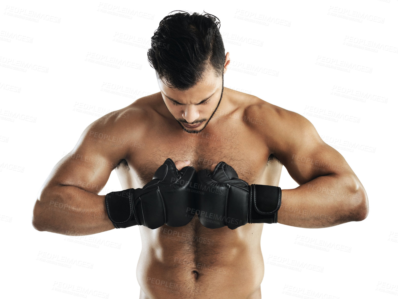 Buy stock photo Man, studio and gloves for boxing, fitness and prepare for workout or fight training. Athlete, body and muscle for power, exercise and sport for strong health or wellness isolated on white background