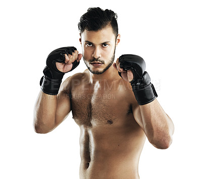 Buy stock photo Man, martial arts and gloves in studio portrait with training, fitness and combat by white background. Person, athlete and mma fighter with workout, exercise and ready for contest with contact sport