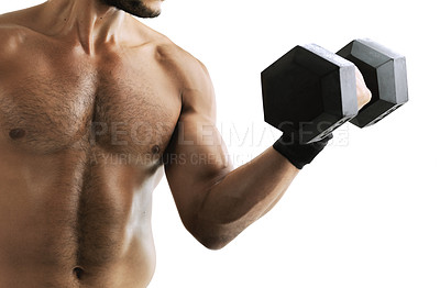 Buy stock photo Cropped studio shot of a fit young man lifting a dumbbell against a white background