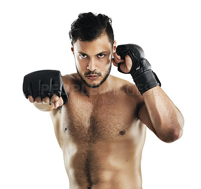 Buy stock photo Man, martial arts and punch with gloves in studio portrait for training, fitness and combat by white background. Person, athlete and mma fighter in workout, exercise and ready for contact sports