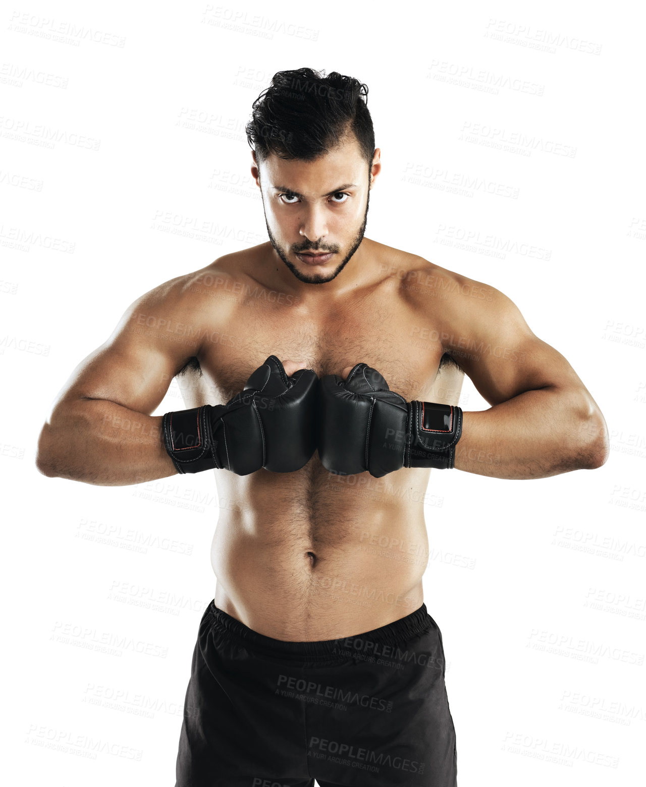 Buy stock photo Man, studio and gloves for portrait, fitness and prepare for workout or fight training. Athlete, body or muscle for power, exercise or sport for boxing health or wellness isolated on white background