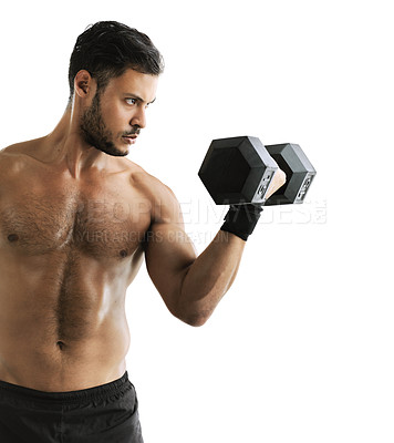 Buy stock photo Studio shot of a fit young man lifting a dumbbell against a white background