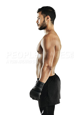 Buy stock photo Man, boxing and MMA training for sports health person in white background for gym, exercise and workout. Kickboxing,  model with gloves and fitness coach for fight, athlete and strength in studio