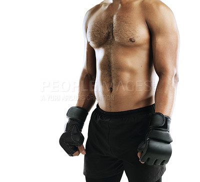 Buy stock photo Cropped studio shot of a fit young man wearing boxing gloves against a white background