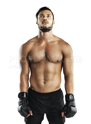 Buy stock photo Man, studio and gloves for fight, fitness and prepare for workout or cardio training. Athlete, body or muscle for power, exercise and sport for boxing health and wellness isolated on white background