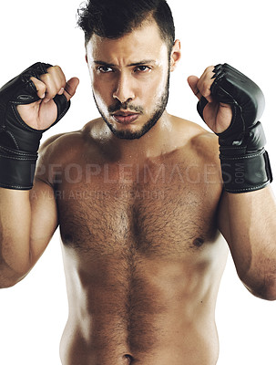 Buy stock photo Man, fight and athlete training for a competition, event or match in white studio background. Fitness, exercise and strong boxer with bodybuilder, muscle strength and power in fist for sport workout