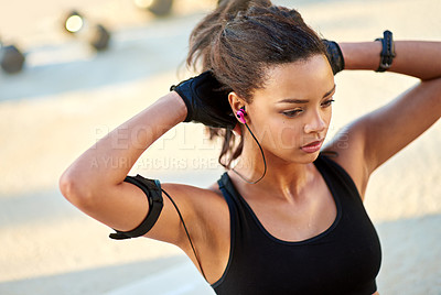 Buy stock photo Woman, music and sit up for fitness, exercise and listening to podcast for endurance and inspiration outdoor. Young sports person with audio and thinking of body goal, health and workout or training