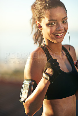 Buy stock photo Woman, athlete or boxer in outdoor portrait for exercise, training and fitness with earphones. Female person, fists or fighter workout in nature with music playing for endurance, sports or cardio