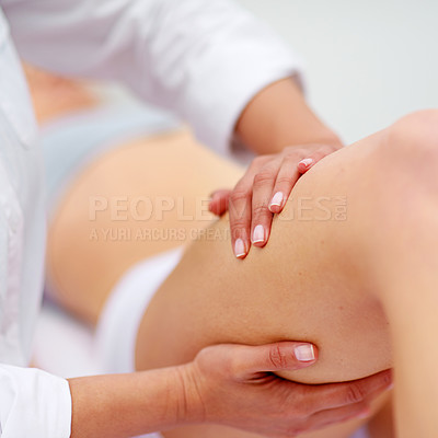 Buy stock photo Woman, relax and leg for massage at spa from therapist for pampering or treatment with hands for health or skincare. Professional, therapy and zen with body care or healing for wellness at resort