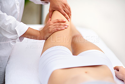 Buy stock photo Woman, spa and leg massage for wellbeing, health and physical therapy for wellness break. Lady, detox and muscle treatment for body care, stress relief and zen for peaceful beauty or skincare
