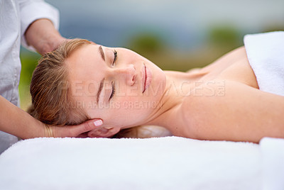 Buy stock photo Woman, spa and relax with head massage with comfort for stress relief with beauty or health. Calm, zen and resting with masseuse hands for wellbeing on holiday for bliss with professional for peace 