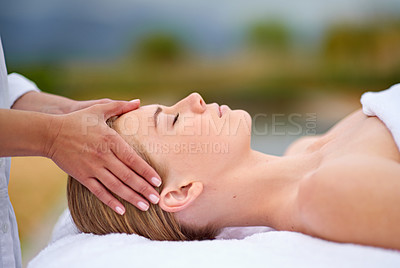 Buy stock photo Woman, face and hands with massage in spa for luxury skincare, wellness and relax. Facial care, masseuse and dermatology outdoor with peace, detox treatment and cosmetic therapy for salon aesthetic