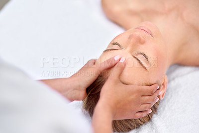 Buy stock photo Woman, hands and facial massage or masseuse for treatment, cosmetics and beauty therapy. Female person, relax and serene or dermatology, skin care detox and rest at spa for peace or zen and calm