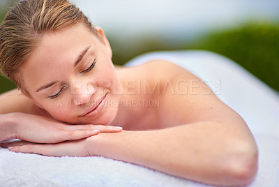 Buy stock photo Massage, woman and spa for health, wellness and happiness in zen, peace and healing for self care. Female person, aromatherapy and detox for body with smile, calm and relaxation on vacation in Bali