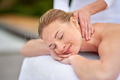 Buy stock photo Neck massage, woman and spa with relax, wellness and enjoy or aromatherapy, self care and stress relief. Happy, grooming and zen for treatment, masseuse and luxury with hands, detox and body pamper