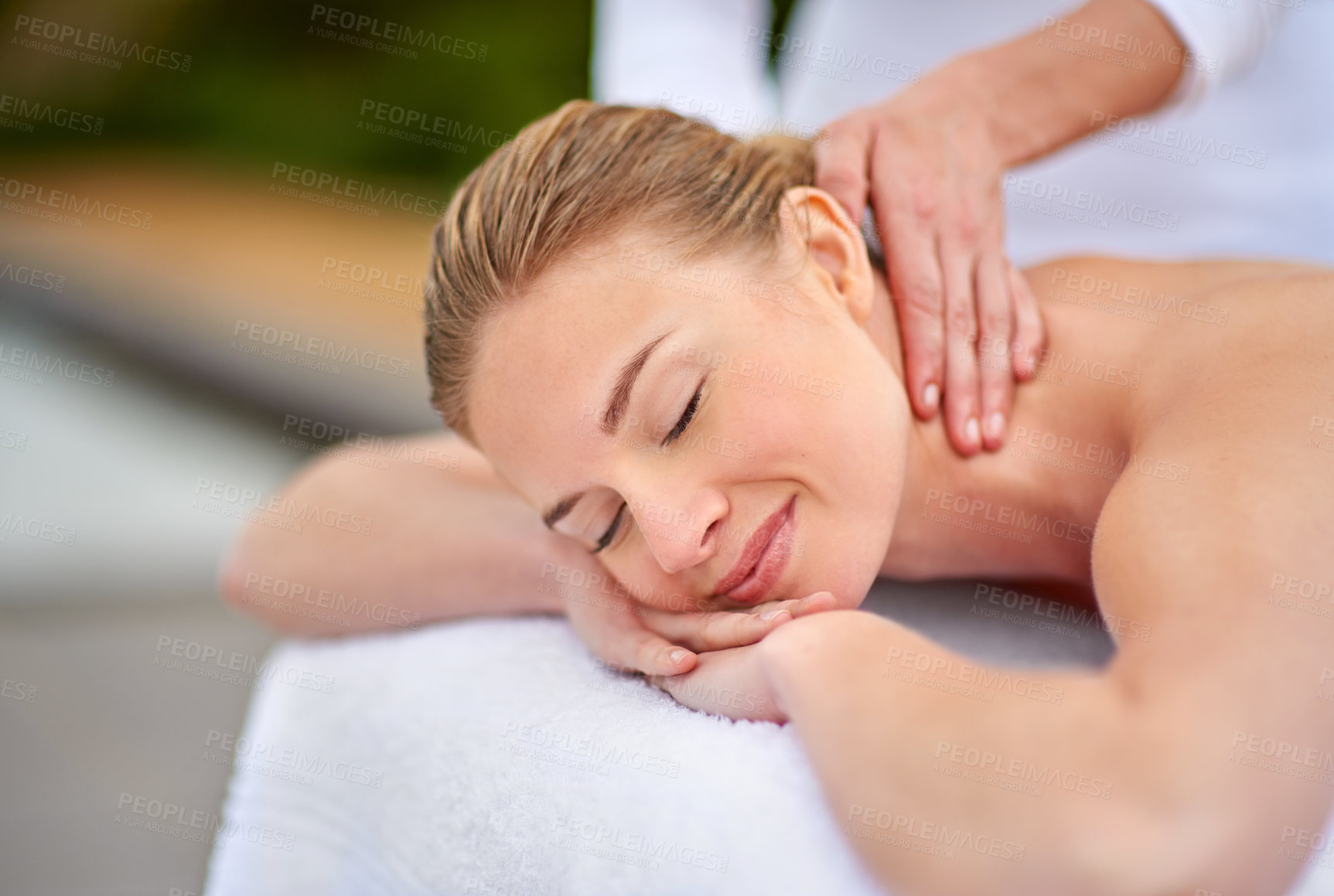 Buy stock photo Neck massage, woman and spa with relax, wellness and enjoy or aromatherapy, self care and stress relief. Happy, grooming and zen for treatment, masseuse and luxury with hands, detox and body pamper