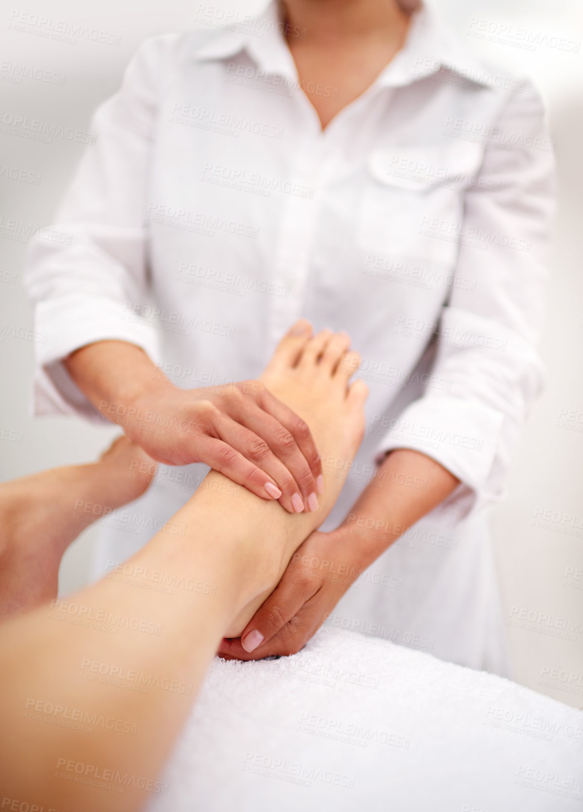 Buy stock photo Foot, hands and massage with spa for self care, beauty and skincare at luxury resort for peace and wellness. Pedicure, cosmetics and people for feet muscle with healing for treatment and relief