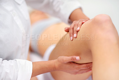 Buy stock photo Woman, service and leg for massage at spa from therapist  or treatment or detox with hands for health or skincare. Professional, therapy and zen with body care or healing for wellness at resort
