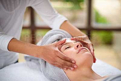 Buy stock photo Woman, face and hands outdoor with massage for luxury skincare, wellness and relax. Facial care, masseuse and dermatology in spa with peace, salon aesthetic and cosmetic therapy for detox treatment