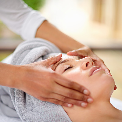 Buy stock photo Woman, hands and face with masseuse in spa for luxury skincare, wellness and relax. Facial care, massage and dermatology outdoor for peace, glow treatment and cosmetic therapy with salon aesthetic