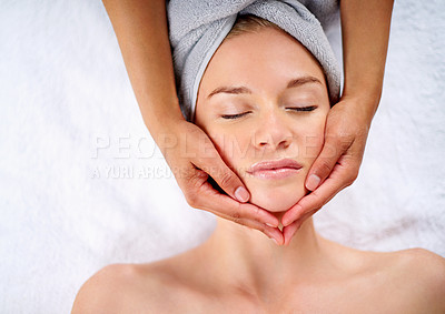 Buy stock photo Woman, hands and facial massage or pamper treatment, cosmetics and beauty therapy. Female person, masseuse and serene or dermatology, skin care detox and above at spa for peace or zen and healing