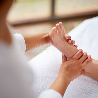 Buy stock photo Foot, hands and massage closeup with spa for treatment, beauty and skincare at luxury resort for wellness. Pedicure, cosmetics and people for physical therapy with healing for self care and relief