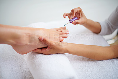 Buy stock photo Foot, hands and nail polish for pedicure with beauty, skin and dermatology with makeup at spa. Treatment, wellness and people with cosmetics product for color, self care and cosmetology at resort