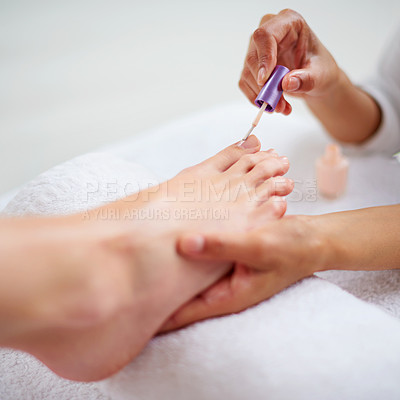 Buy stock photo Foot, hands and nail polish for pedicure closeup with treatment, skin and dermatology with makeup at spa. Beauty, wellness and people with cosmetics product for color, self care and cosmetology
