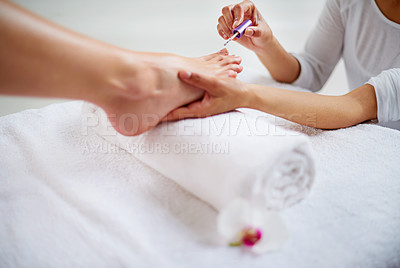 Buy stock photo Closeup shot of a woman getting a pedicure in a health spa