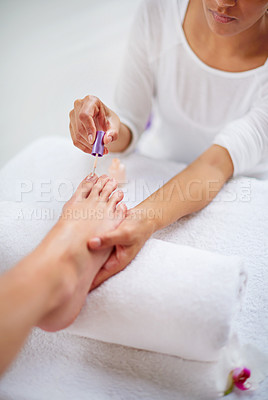 Buy stock photo Foot, people and nail polish for pedicure closeup at spa, hands for treatment and skin with dermatology and makeup. Beauty, wellness and cosmetics product for color, self care and cosmetology