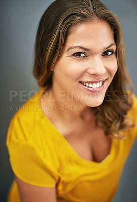 Buy stock photo Happy, woman and portrait in studio backdrop with smile, beauty and makeup on grey background. Pride, cosmetics and female millennial person with confidence, glow and self care routine for results
