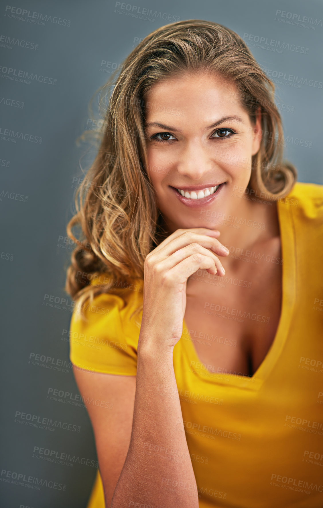 Buy stock photo Portrait, woman and smile with thinking in studio in confidence, pride and happy in grey background. Female person, cheerful and positive for fashion as designer in industry for brand of clothes