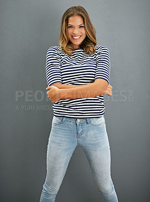Buy stock photo Fashion, smile and portrait of woman with arms crossed in studio isolated on a gray background, backdrop or space. Confidence, style and happy model in casual clothes, jeans and student in Greece