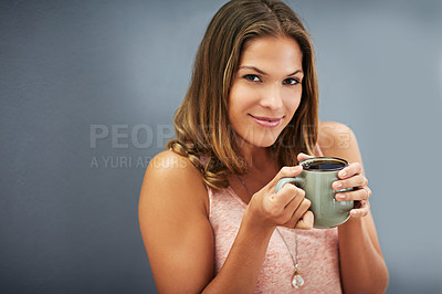 Buy stock photo Portrait, gray wall and woman with coffee for happiness, break and calm morning. Mug, cappuccino and female person outside drinking hot beverage for relax, peace or to start day on dark backdrop