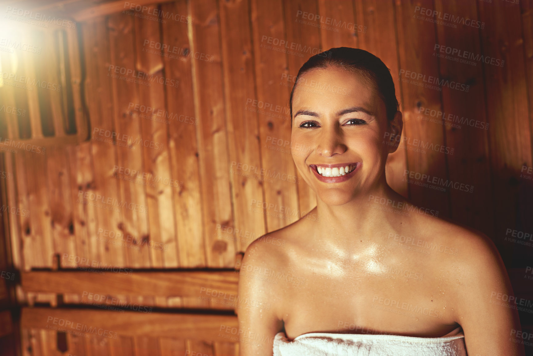 Buy stock photo Woman, sauna and happy in portrait at spa for treatment, sweat or detox on vacation at luxury resort. Person, smile and relax at lodge, hotel and holiday in steam room for stress, skincare or heath