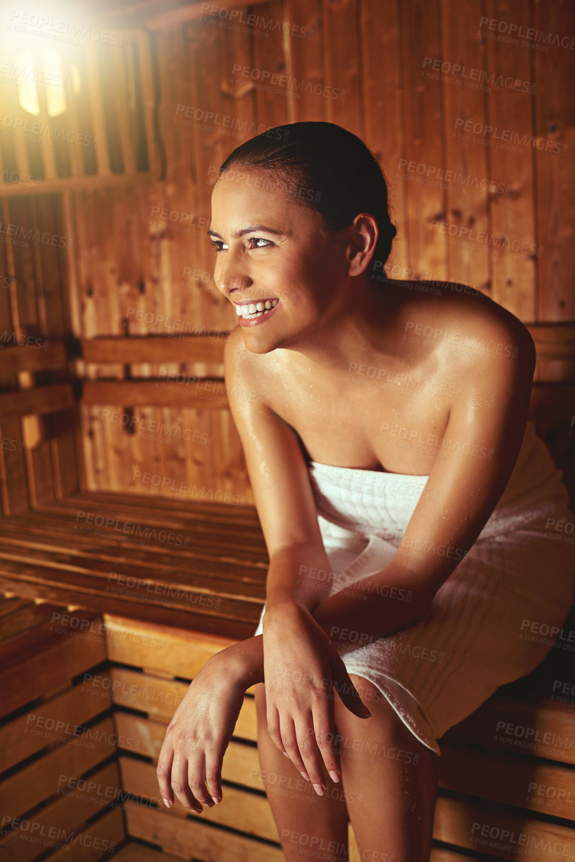 Buy stock photo Woman, sauna and relax with smile at spa for treatment, sweat or detox on vacation at luxury resort. Person, happy and thinking at lodge, hotel and holiday in steam room for stress, skincare or heath