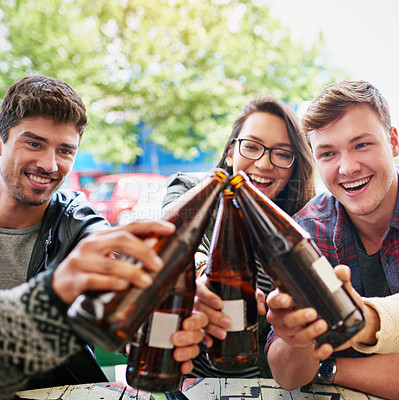 Buy stock photo Outdoor, drinking and friends with beer, cheers and celebration with party and restaurant with social gathering. People, funny and group with alcohol and happy with celebration and reunion with smile