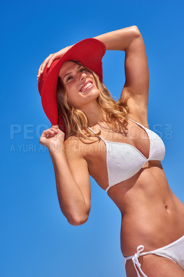 Buy stock photo Woman, bikini and sky at beach with smile in summer or hot weather on holiday, break and rest in Bali. Below, female person and happy in swimwear on trip, vacation and travel to relax and chill