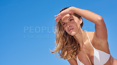 Buy stock photo Woman, sky and vacation with search for beach, outdoor or adventure for fun on island. Female person, bikini and mock up space in travel, health and wellness for view, sun bathing or tanning in below