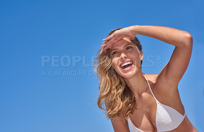 Buy stock photo Happy woman, holiday and vacation with bikini for sun bathing, tanning and fun on tropical island. Female person, swimsuit and summer in travel, health and wellness for relax, outdoor or adventure