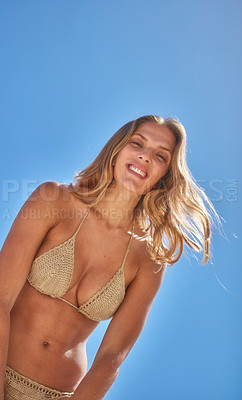 Buy stock photo Portrait, bikini and woman with smile, outdoor and beach with adventure, happiness and summer holiday. Face, beach and person with swimwear, journey and travel for vacation, getaway trip or joyful