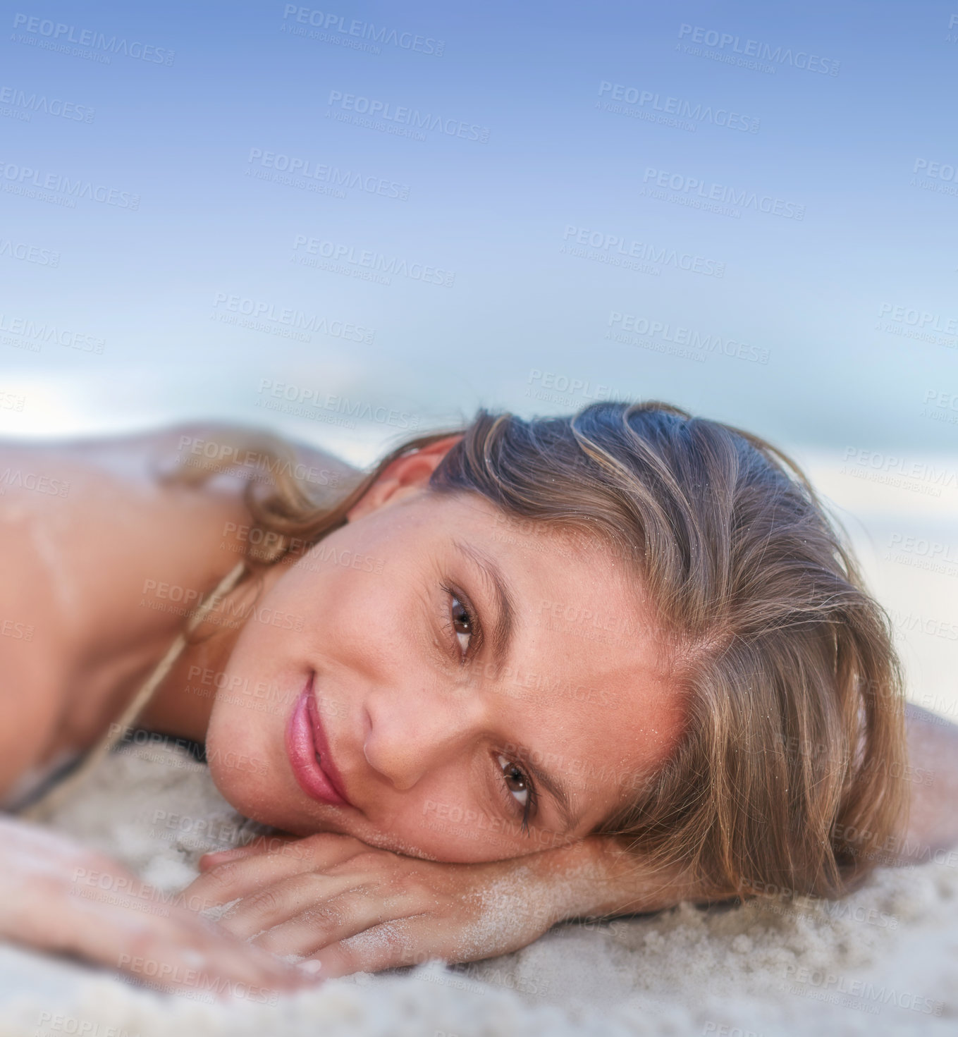 Buy stock photo Relax, beach and portrait of woman, outdoor and fresh air in vacation, smile and happy in holiday. Sand, rest and tourist in trip for peace, tropical and sleeping in island, travel and comfortable