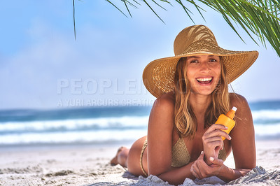 Buy stock photo A beautiful, young woman relaxing at the beach