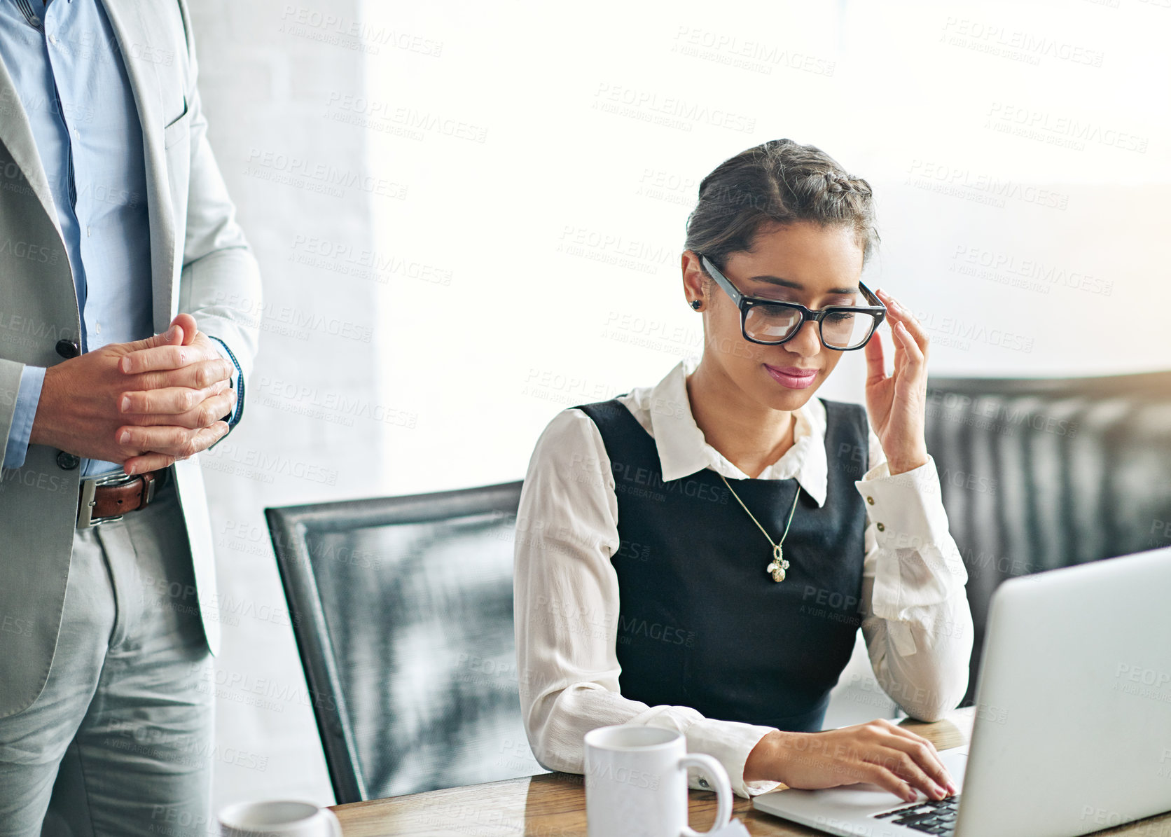 Buy stock photo Woman, laptop and person in office, mentor and check for progress, development and review for report. Business people, coach and employee by computer for assessment, inspection and support at agency