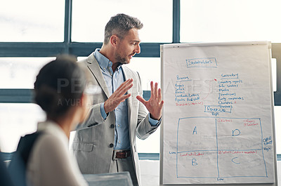 Buy stock photo Businessman, coach and presentation with whiteboard for stakeholders, meeting or overview on corporate shares at office. Mature man, executive or mentor explaining company revenue or process to staff